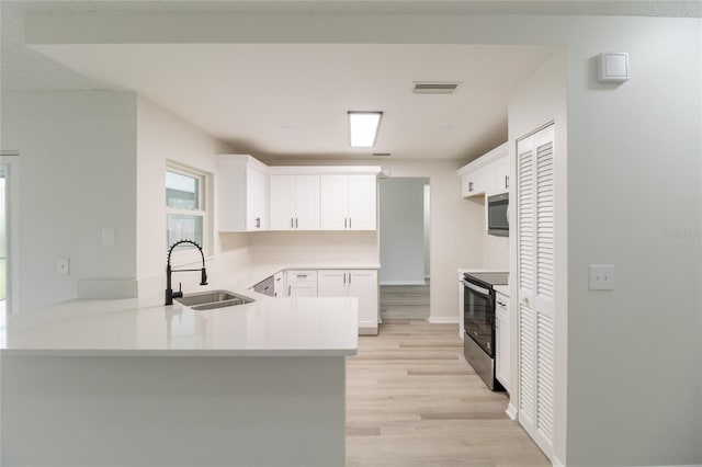 1209 Sugar Creek Ln, Rockledge, FL 32955 - kitchen featuring a sink, electric range, a peninsula, light wood-style flooring, and white cabinetry
