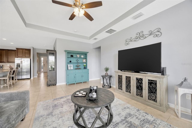 5624 Fisher Glen Loop, Wesley Chapel, FL 33545 - living room with light tile patterned floors, a ceiling fan, baseboards, and recessed lighting