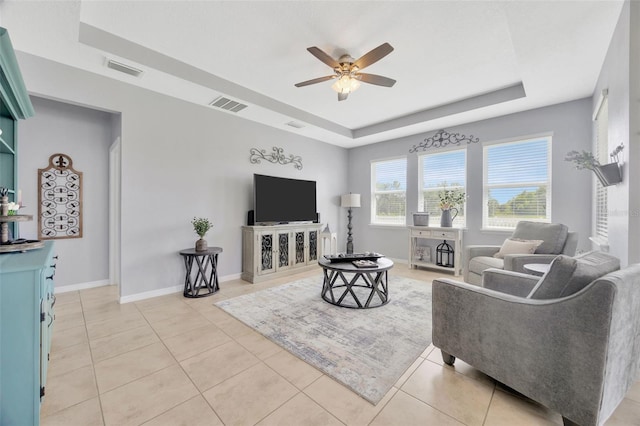 5624 Fisher Glen Loop, Wesley Chapel, FL 33545 - living area with a raised ceiling, ceiling fan, light tile patterned flooring, and baseboards