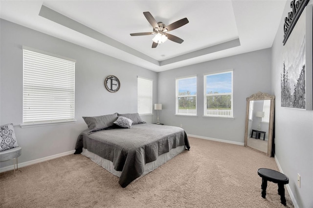 5624 Fisher Glen Loop, Wesley Chapel, FL 33545 - bedroom featuring a raised ceiling, carpet flooring, baseboards, and ceiling fan