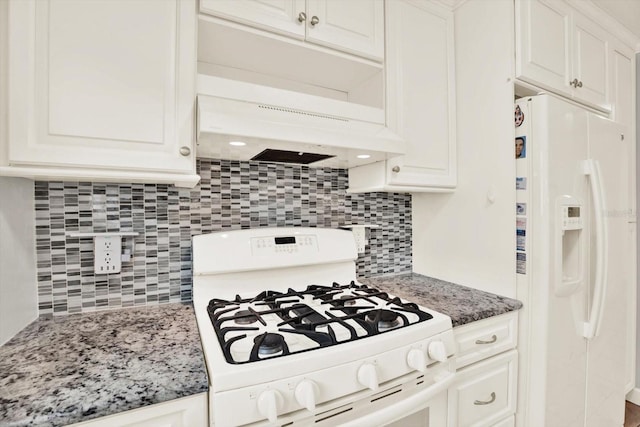 5501 80th St N Unit 206, Saint Petersburg, FL 33709 - kitchen featuring white appliances, extractor fan, backsplash, white cabinetry, and light stone countertops