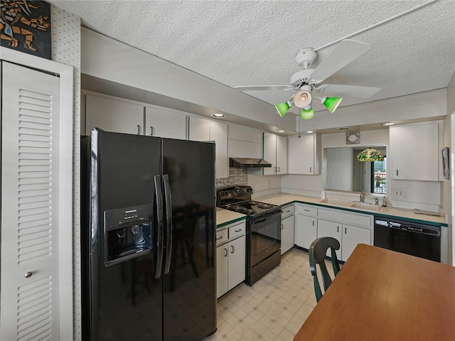 7600 Sun Island Dr S Unit 603, South Pasadena, FL 33707 - kitchen with black appliances, a textured ceiling, ceiling fan, tasteful backsplash, and light floors