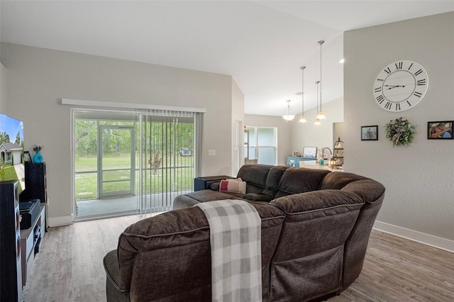16473 Scaup Duck Ave, Weeki Wachee, FL 34614 - living room with wood finished floors, lofted ceiling, baseboards, and a chandelier
