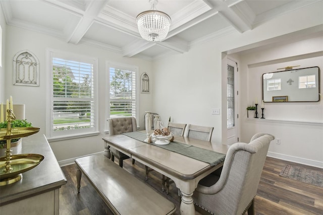 10422 Fenceline Rd, New Port Richey, FL 34655 - dining area featuring coffered ceiling, dark wood finished floors, a chandelier, beamed ceiling, and baseboards