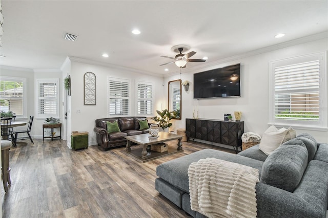 10422 Fenceline Rd, New Port Richey, FL 34655 - living room with ornamental molding, ceiling fan, wood finished floors, recessed lighting, and baseboards