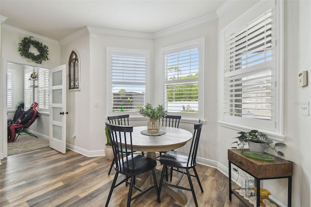 10422 Fenceline Rd, New Port Richey, FL 34655 - dining room featuring wood finished floors, crown molding, and baseboards