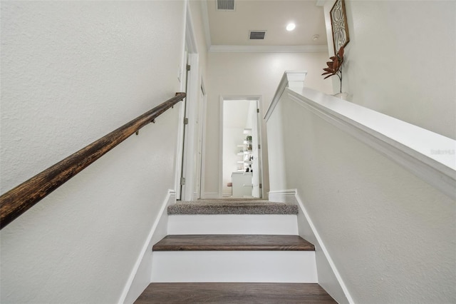 10422 Fenceline Rd, New Port Richey, FL 34655 - staircase featuring crown molding and wood finished floors