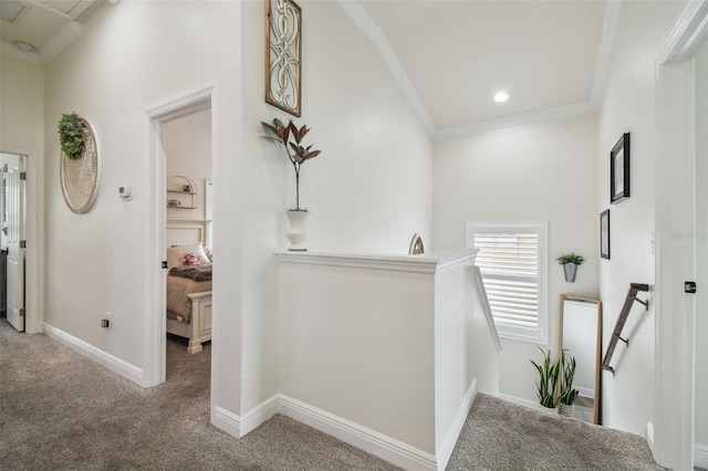 10422 Fenceline Rd, New Port Richey, FL 34655 - corridor with an upstairs landing, crown molding, carpet flooring, and baseboards