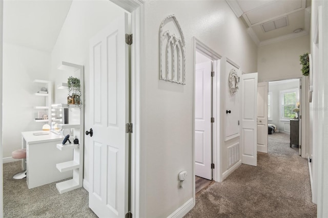 10422 Fenceline Rd, New Port Richey, FL 34655 - hallway featuring carpet floors, baseboards, and ornamental molding