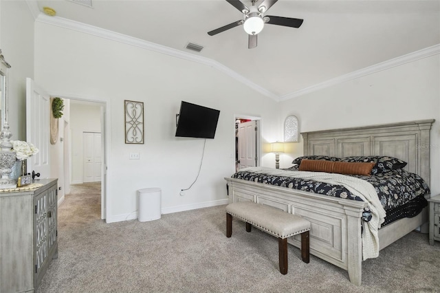 10422 Fenceline Rd, New Port Richey, FL 34655 - bedroom with light carpet, vaulted ceiling, ornamental molding, baseboards, and a ceiling fan