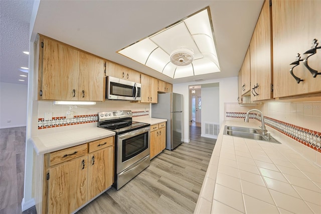 1508 Ingram Dr Unit 20, Sun City Center, FL 33573 - kitchen featuring appliances with stainless steel finishes, a sink, light wood finished floors, and tasteful backsplash