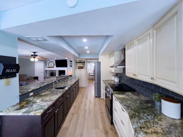 3005 Wilton Ln, Valrico, FL 33596 - kitchen featuring stainless steel appliances, wall chimney range hood, a sink, a fireplace, and light wood-type flooring