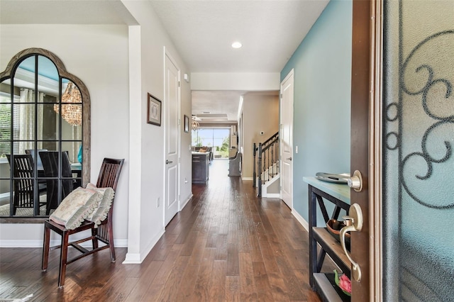 14110 Barrington Stowers Dr, Lithia, FL 33547 - entrance foyer featuring dark wood-style flooring, stairs, baseboards, and recessed lighting