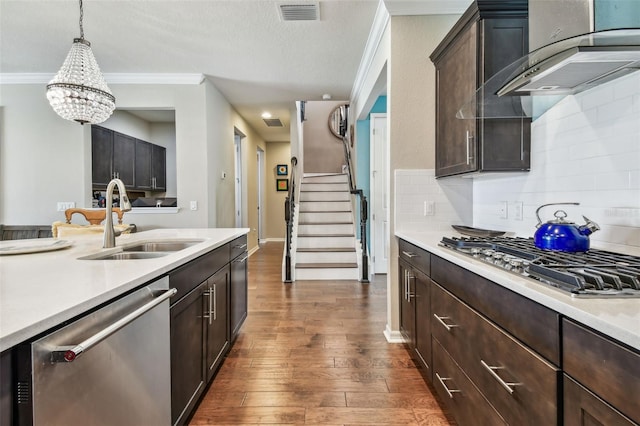 14110 Barrington Stowers Dr, Lithia, FL 33547 - kitchen with stainless steel appliances, a sink, exhaust hood, dark wood finished floors, and a chandelier