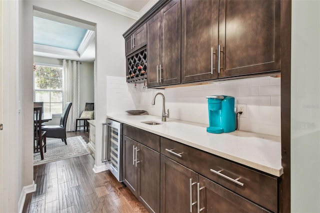 14110 Barrington Stowers Dr, Lithia, FL 33547 - indoor wet bar with wine cooler, crown molding, decorative backsplash, dark wood finished floors, and baseboards