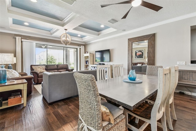 14110 Barrington Stowers Dr, Lithia, FL 33547 - dining space with ornamental molding, a chandelier, dark wood-style floors, ceiling fan, and coffered ceiling