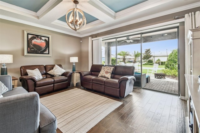 14110 Barrington Stowers Dr, Lithia, FL 33547 - living room featuring a chandelier, wood finished floors, ornamental molding, coffered ceiling, and beamed ceiling