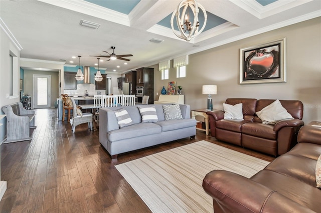 14110 Barrington Stowers Dr, Lithia, FL 33547 - living area with crown molding, healthy amount of natural light, a chandelier, dark wood-style flooring, and ceiling fan