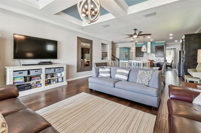14110 Barrington Stowers Dr, Lithia, FL 33547 - living area featuring crown molding, a chandelier, baseboards, dark wood-type flooring, and recessed lighting