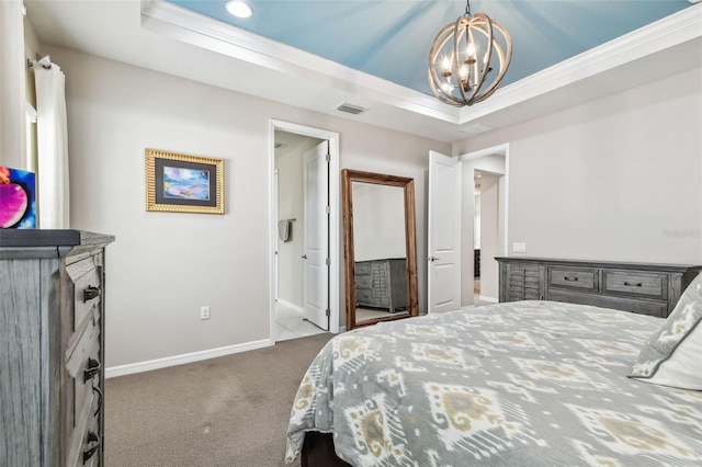 14110 Barrington Stowers Dr, Lithia, FL 33547 - carpeted bedroom with a chandelier, a raised ceiling, baseboards, and ornamental molding