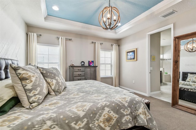 14110 Barrington Stowers Dr, Lithia, FL 33547 - carpeted bedroom featuring a chandelier, crown molding, a tray ceiling, and baseboards