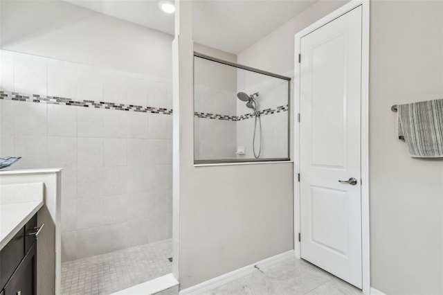14110 Barrington Stowers Dr, Lithia, FL 33547 - full bathroom with walk in shower, marble finish flooring, vanity, and baseboards