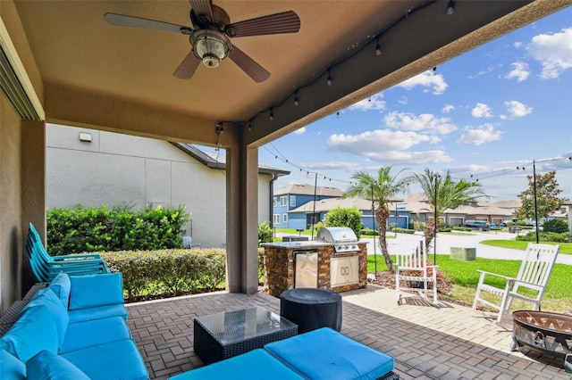 14110 Barrington Stowers Dr, Lithia, FL 33547 - view of patio / terrace featuring area for grilling, a residential view, and a ceiling fan