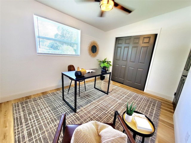 1373 Fairfax Rd, Clearwater, FL 33764 - office area featuring wood finished floors, a ceiling fan, and vaulted ceiling