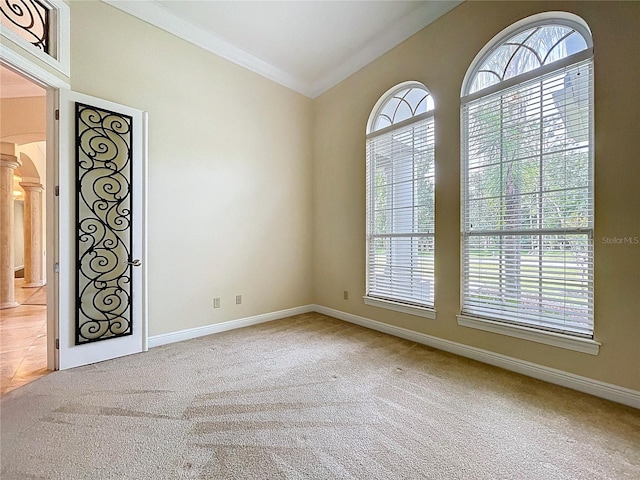 27511 Hialeah Way, Wesley Chapel, FL 33544 - carpeted empty room featuring decorative columns, crown molding, and baseboards