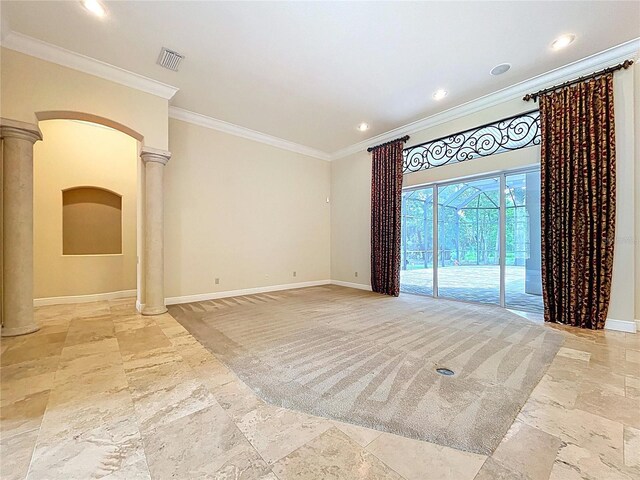 27511 Hialeah Way, Wesley Chapel, FL 33544 - unfurnished room with stone tile flooring, ornate columns, baseboards, crown molding, and recessed lighting