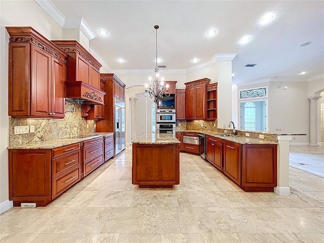 27511 Hialeah Way, Wesley Chapel, FL 33544 - kitchen with a peninsula, a sink, open shelves, a chandelier, and crown molding
