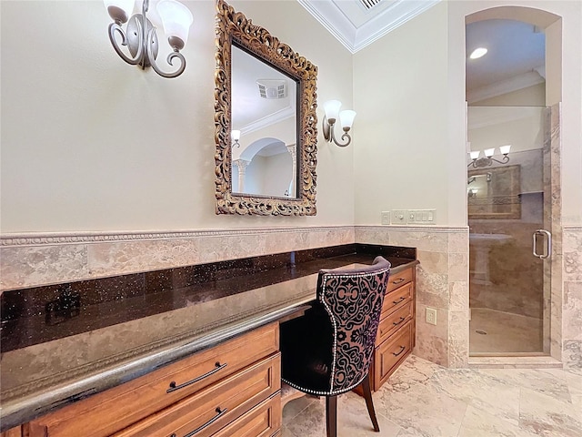 27511 Hialeah Way, Wesley Chapel, FL 33544 - full bath with crown molding, tile walls, vanity, a shower stall, and a wainscoted wall