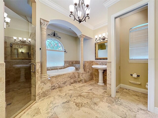 27511 Hialeah Way, Wesley Chapel, FL 33544 - bathroom featuring decorative columns, ornamental molding, a garden tub, toilet, and a shower stall