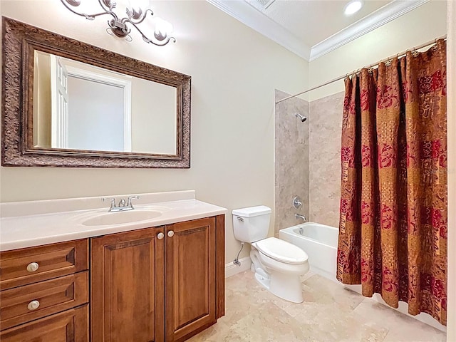 27511 Hialeah Way, Wesley Chapel, FL 33544 - bathroom featuring ornamental molding, toilet, shower / bath combo, vanity, and baseboards