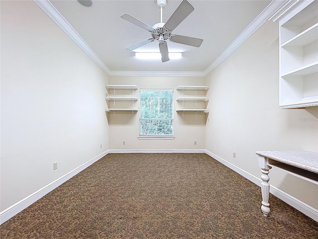 27511 Hialeah Way, Wesley Chapel, FL 33544 - spare room featuring ornamental molding, a ceiling fan, dark colored carpet, and baseboards