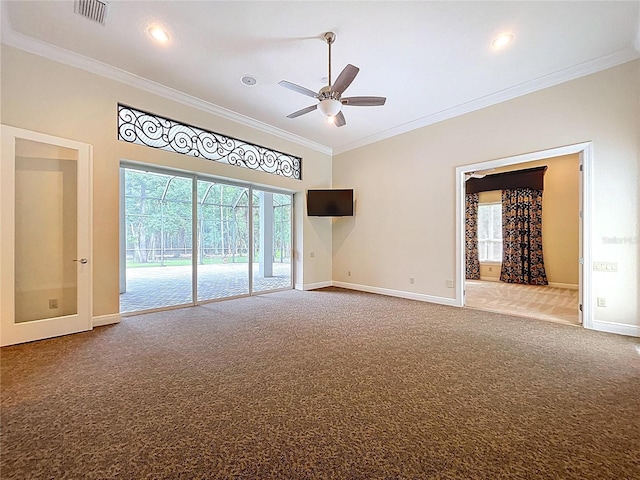 27511 Hialeah Way, Wesley Chapel, FL 33544 - carpeted empty room with baseboards, ceiling fan, crown molding, and recessed lighting