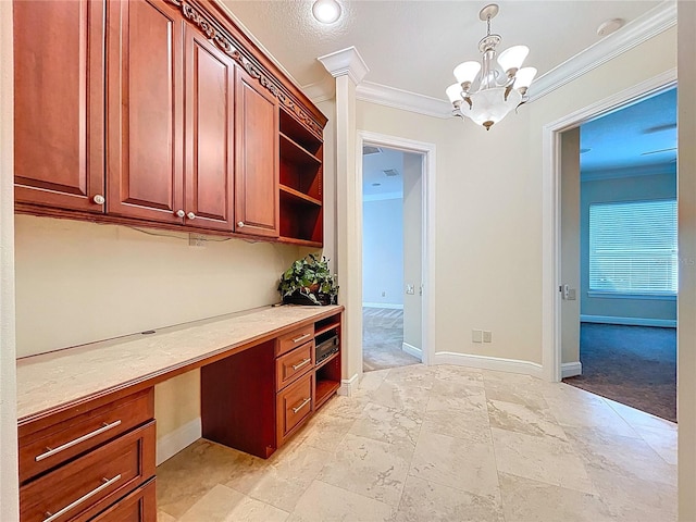 27511 Hialeah Way, Wesley Chapel, FL 33544 - unfurnished office featuring crown molding, built in desk, baseboards, light colored carpet, and a chandelier