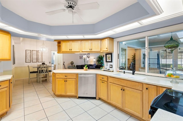 6143 Black Walnut Dr, Bartow, FL 33830 - kitchen featuring black / electric stove, dishwasher, light tile patterned floors, a sink, and a peninsula