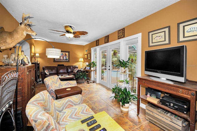 1151 Lancer Ln, Tarpon Springs, FL 34689 - living area with french doors and a ceiling fan