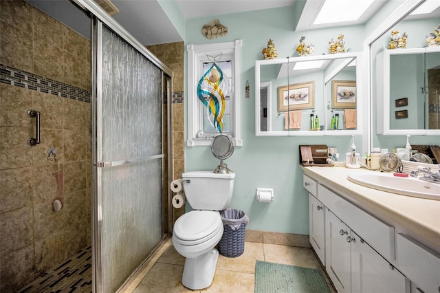 1151 Lancer Ln, Tarpon Springs, FL 34689 - full bathroom with a stall shower, vanity, a skylight, toilet, and tile patterned flooring