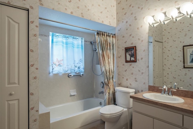 3452 Forelock Rd, Tarpon Springs, FL 34688 - bathroom featuring shower / bath combo with shower curtain, wallpapered walls, and vanity