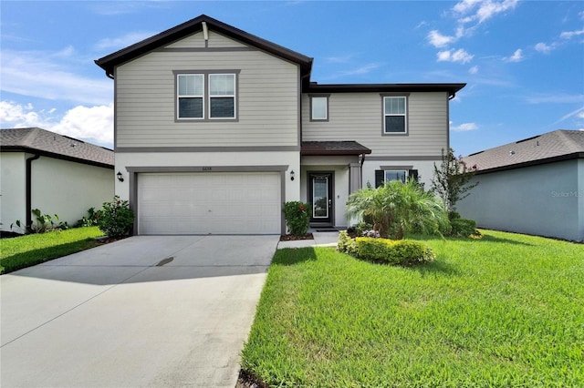 6658 Devlin Ln, Wesley Chapel, FL 33545 - traditional-style house featuring a front yard, driveway, a garage, and stucco siding