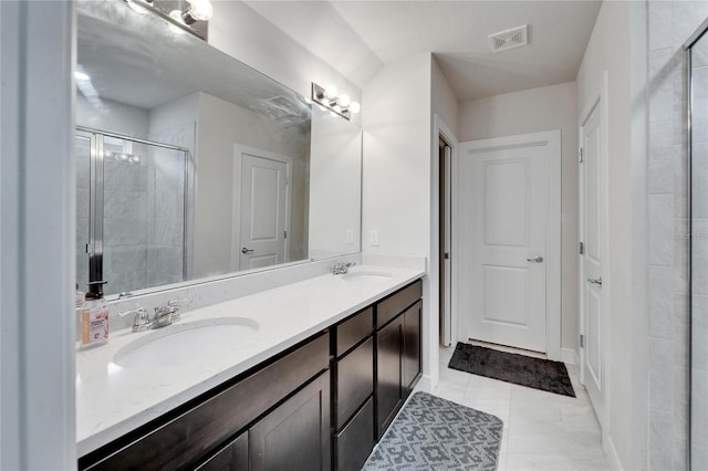 6658 Devlin Ln, Wesley Chapel, FL 33545 - full bathroom with double vanity, a shower stall, and tile patterned floors