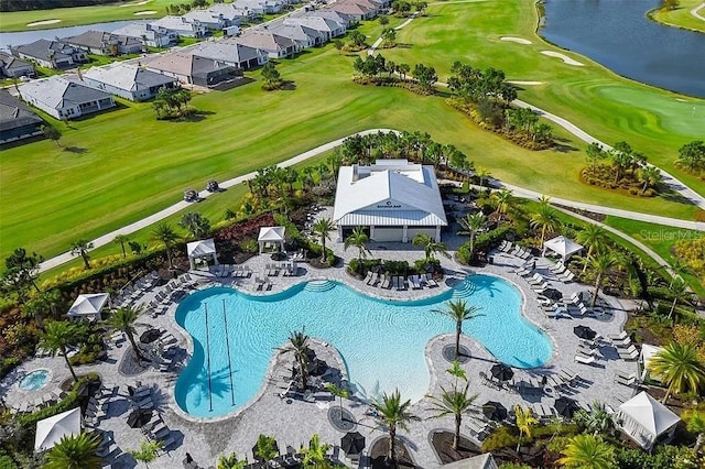 16126 San Donato Pl, Bradenton, FL 34211 - community pool with view of golf course, a patio, a water view, and a residential view