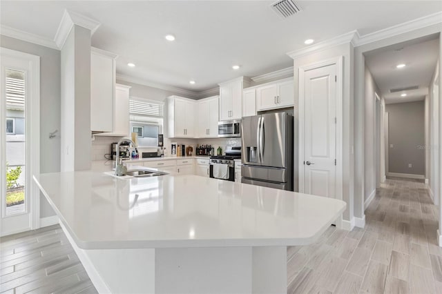 16126 San Donato Pl, Bradenton, FL 34211 - kitchen featuring appliances with stainless steel finishes, a peninsula, light wood-style floors, light countertops, and white cabinets