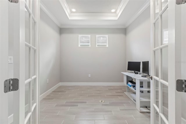 16126 San Donato Pl, Bradenton, FL 34211 - unfurnished office featuring plenty of natural light, wood tiled floors, french doors, crown molding, and a raised ceiling