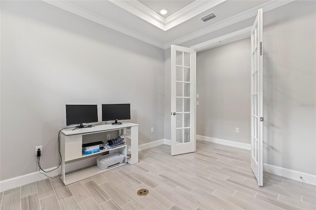 16126 San Donato Pl, Bradenton, FL 34211 - office with french doors, crown molding, wood finish floors, recessed lighting, and a raised ceiling