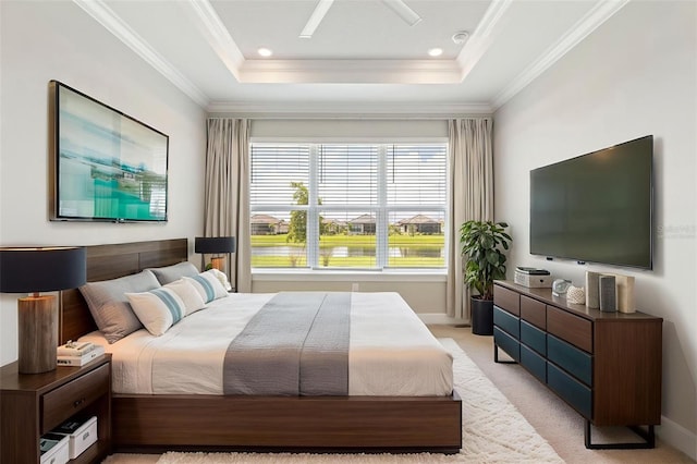 16126 San Donato Pl, Bradenton, FL 34211 - bedroom with ornamental molding, light colored carpet, and a raised ceiling