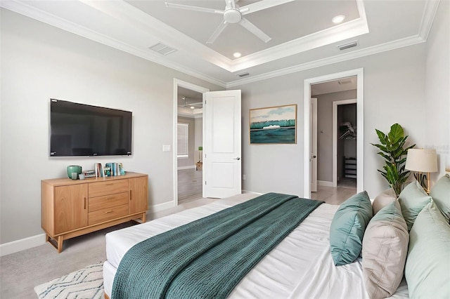 16126 San Donato Pl, Bradenton, FL 34211 - bedroom featuring a raised ceiling, crown molding, recessed lighting, and a ceiling fan