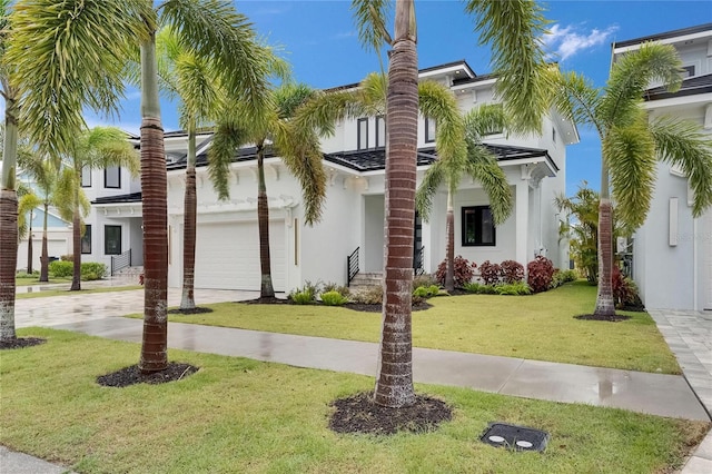 6528 Simone Shores Cir, Apollo Beach, FL 33572 - view of front of property with stucco siding, concrete driveway, a front lawn, and a garage